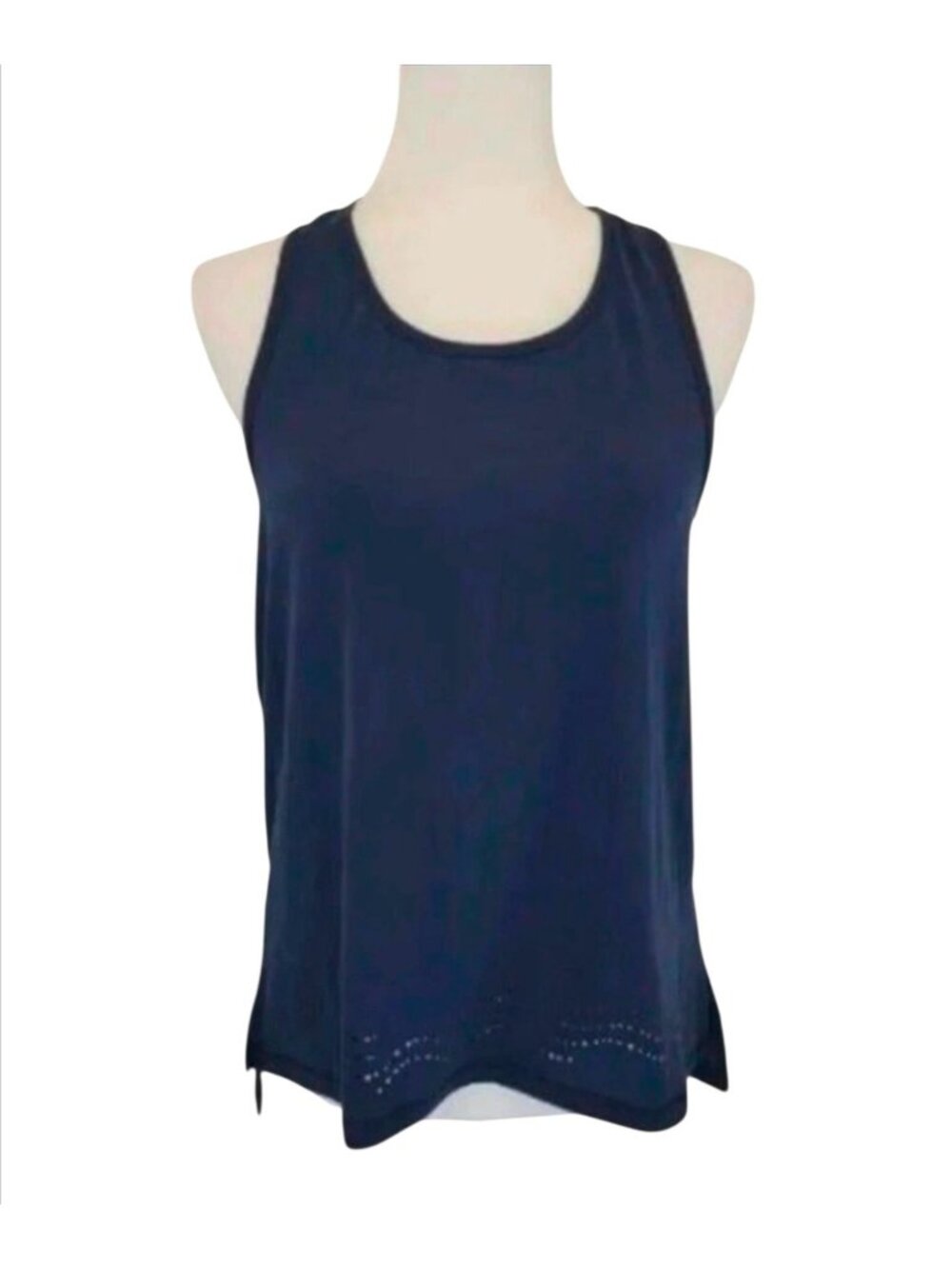 Sleeveless Navy Blue Racerback Tank Top With Laser-Cut Hem Detail Lightweight & - Picture 7 of 9